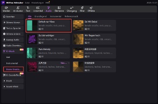 Edimakor KI-Musikbibliothek mit erstellten Songs und Instrumentalstücken