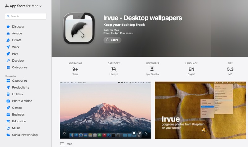 Irvue mit automatisch wechselnden Hintergrundbildern auf dem Mac