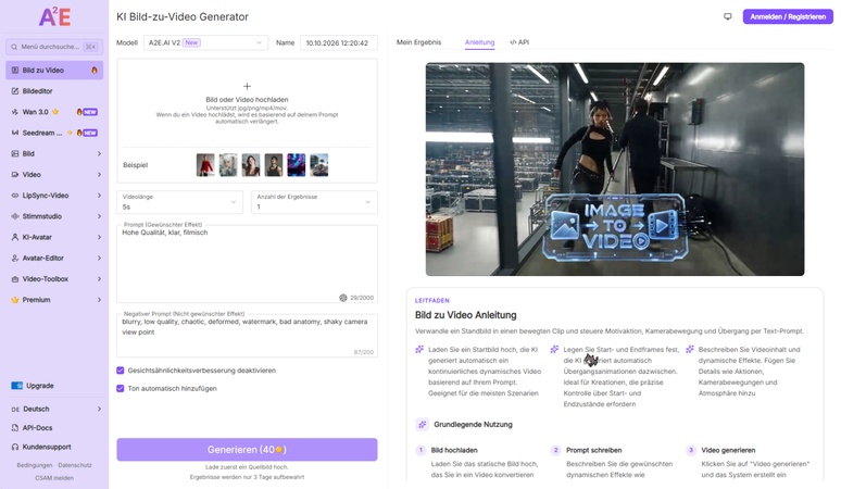 A2E AI Bild-zu-Video Generator Benutzeroberfläche für KI Avatar Erstellung
