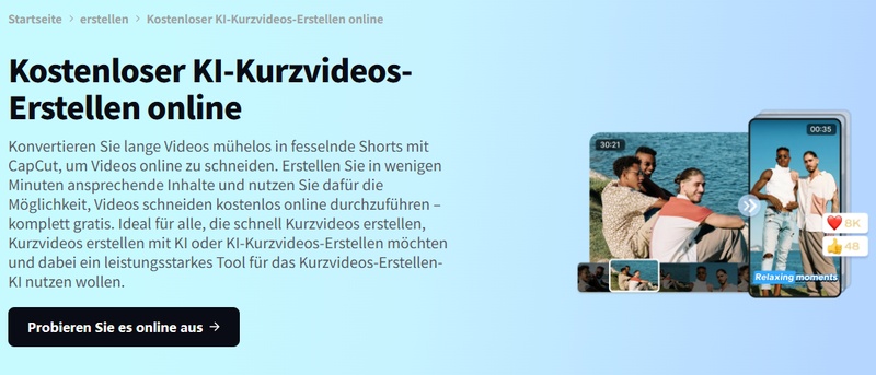 CapCut Video Editor für kurze Social Media Videoanzeigen und TikTok Reels