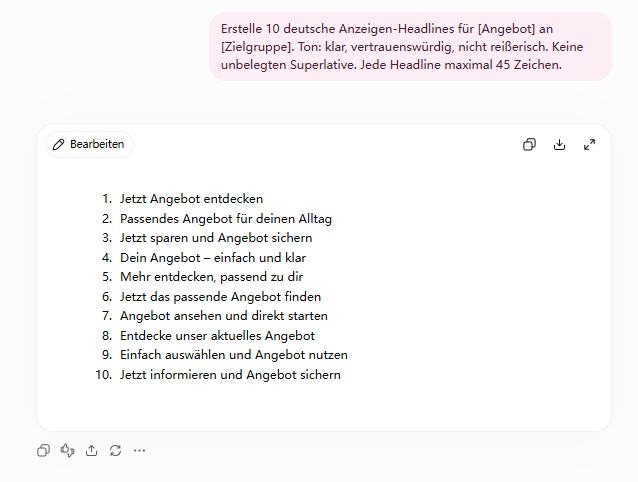 ChatGPT Chat-Oberfläche für die Generierung von Conversion-Werbetexten und Video-Skripten