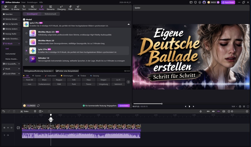 Benutzeroberfläche der Edimakor Software zur Erstellung von AI-Musik und dynamischen Videohintergründen