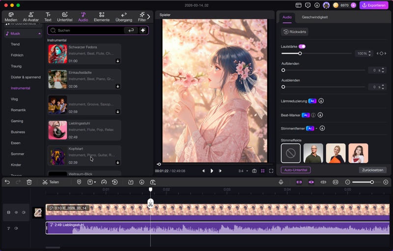 musik schneiden app kostenlos – Musikspur schneiden und bearbeiten in der Edimakor Timeline