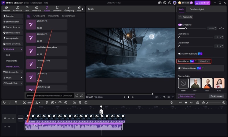 HitPaw Edimakor Timeline mit aktivierter KI-Beat-Erkennung und Export-Menü