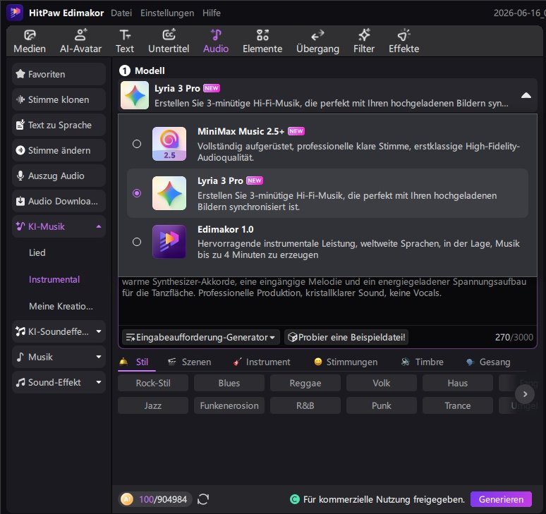 Edimakor-Interface mit hochgeladenem Bild und Auswahlmenü für Musikstil