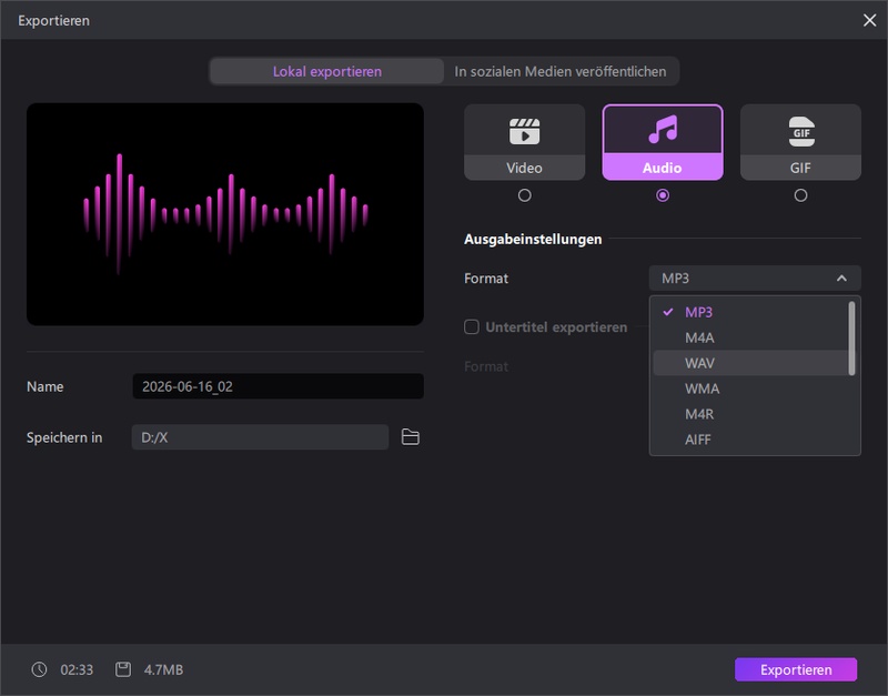 HitPaw Edimakor Export-Menü mit Auswahlmöglichkeiten für Audio- und Video-Formate