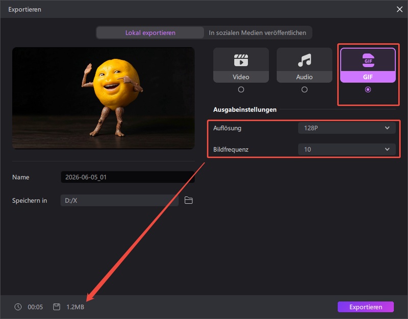 WhatsApp-GIF in Edimakor exportieren mit optimaler Dateigröße und FPS-Regler