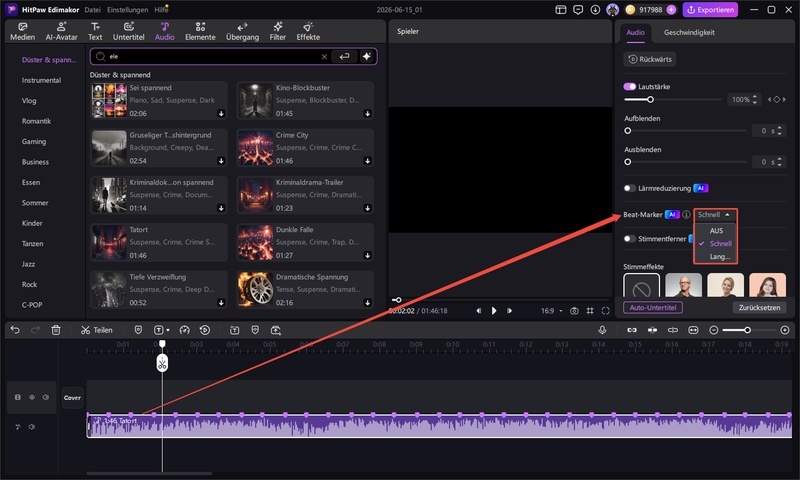 KI Beat Erkennung in Edimakor für automatische Synchronisation von Musik und Video