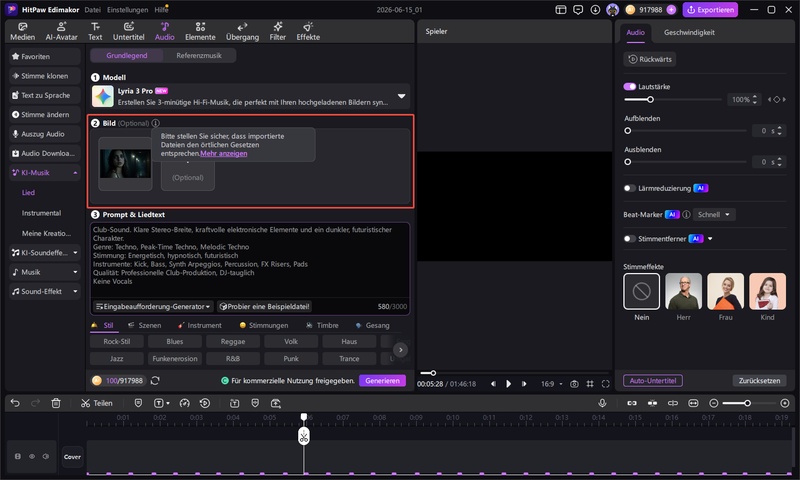 KI Musik Generator in Edimakor zur Erstellung eigener Techno Tracks mit Prompt Eingabe
