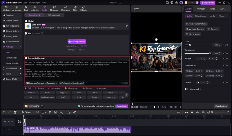 Edimakor KI Rap Generator mit KI-Modellauswahl und Prompt-Eingabe für die Songerstellung
