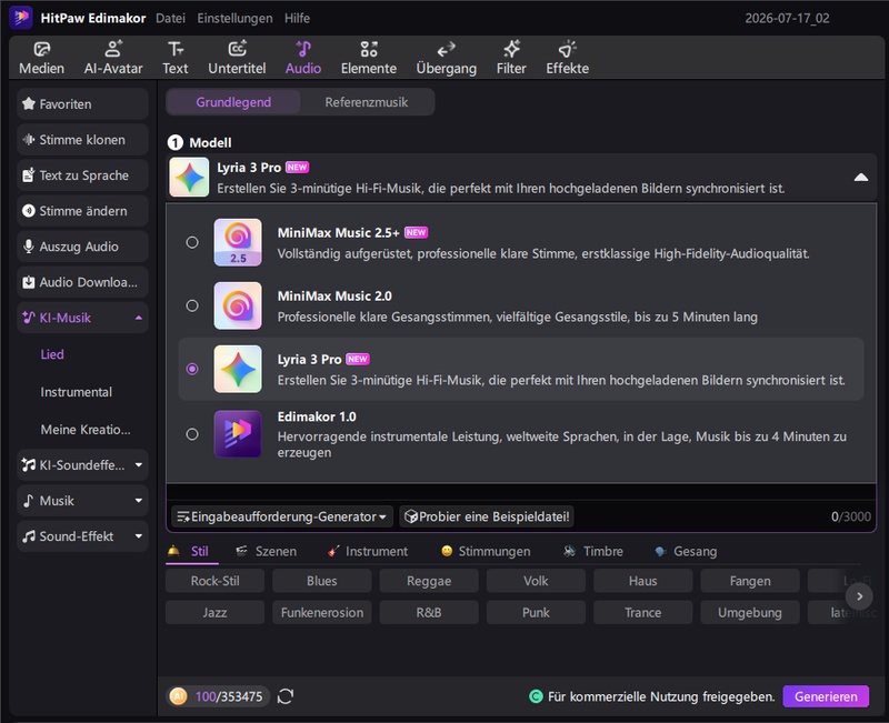 Edimakor KI Rap Generator mit Modellauswahl und Prompt zur Songerstellung
