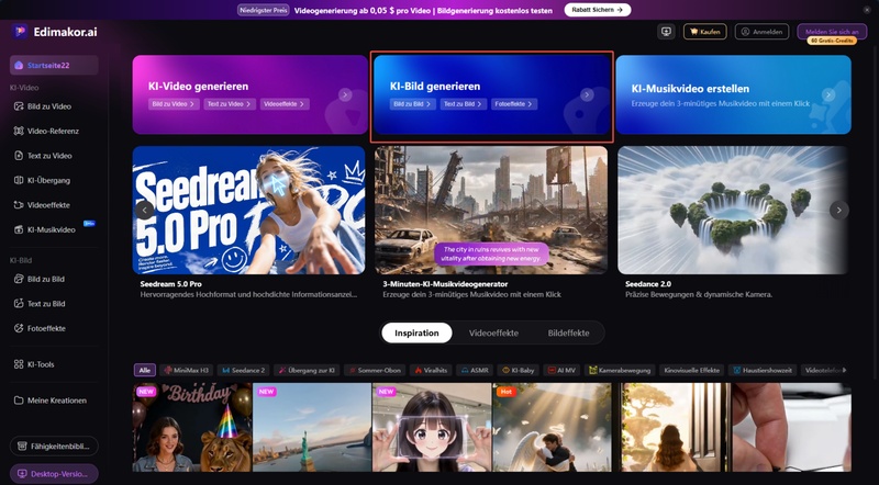Edimakor Online zum Erstellen kreativer Social-Media-Bilder öffnen