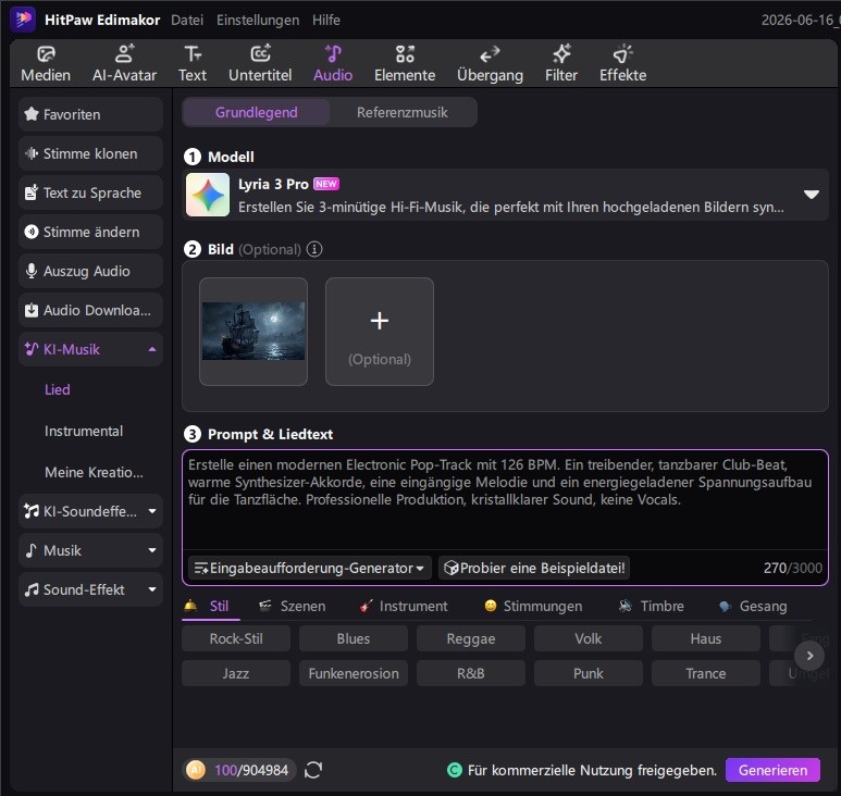 HitPaw Edimakor KI-Musik Generator mit eingegebenem Text-Prompt für Songerstellung