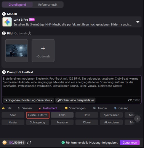 HitPaw Edimakor Oberfläche mit Stil-Tags und KI-Text-zu-Gesang-Funktion