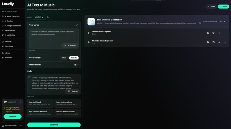 Loudly Benutzeroberfläche zur KI-Musikgenerierung mit integrierter Distro Plus Streaming-Veröffentlichung
