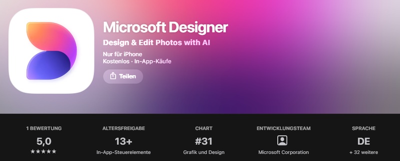 Microsoft Designer Benutzeroberfläche zur Erstellung von Werbe-Bannern und KI-Grafiken