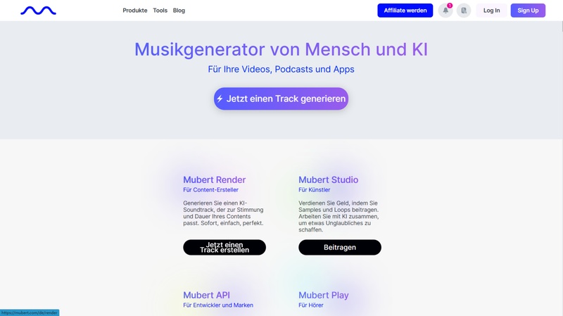 Mubert KI-Generator für Hintergrundmusik mit Filtern für Genre, Stimmung und BPM