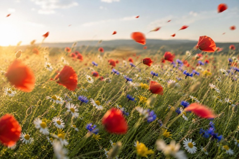 Blumenfeld im Wind als realistisches Pfingsten Bild mit Frühlingsstimmung