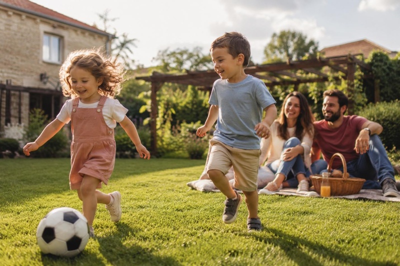 Familie im Garten an Pfingsten als realistische Feiertagsszene
