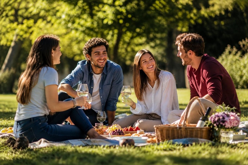 Familie und Freunde beim Picknick im Park als moderne Pfingsten Szene