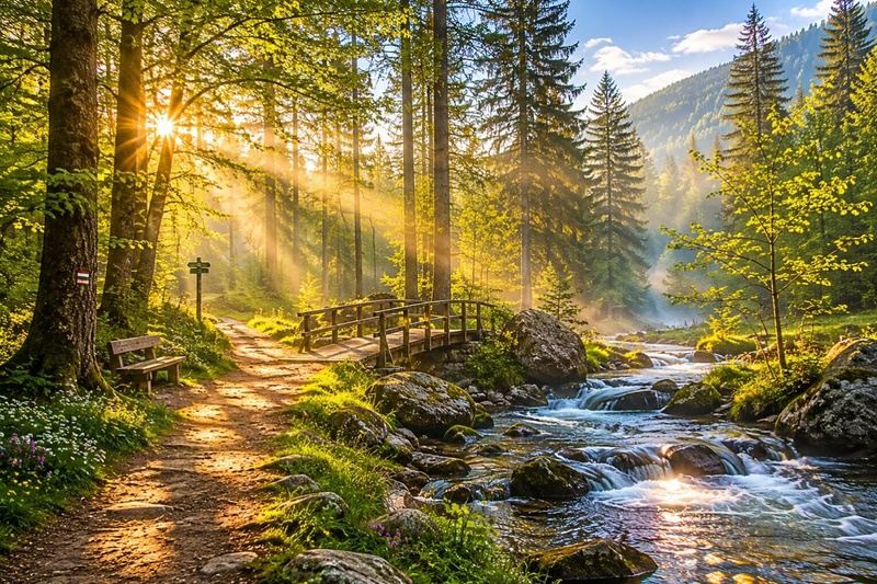 Sonnenstrahlen im Wald als ruhige Pfingsten Naturaufnahme
