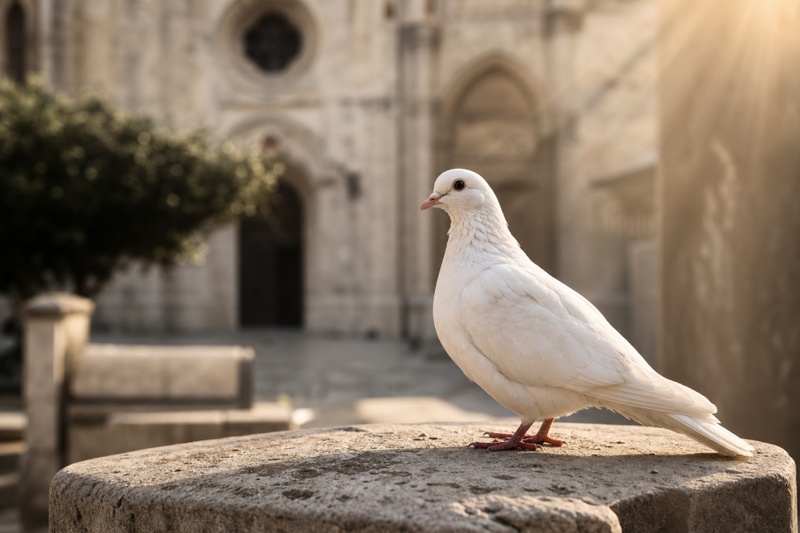 Weiße Taube in einem ruhigen Kirchenhof als realistisches Pfingsten Motiv