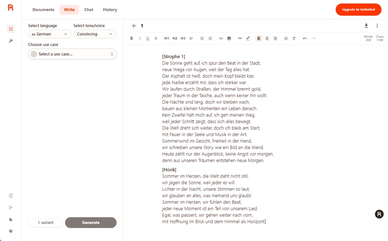 Rytr KI Rap Text Generator zum Schreiben deutscher Songtexte
