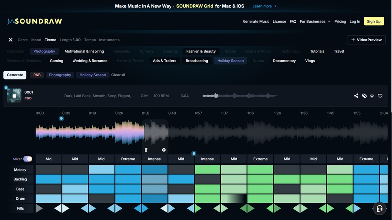 Soundraw Mixer-Grid zur visuellen Anpassung von Instrumenten, Rhythmus und Song-Arrangements