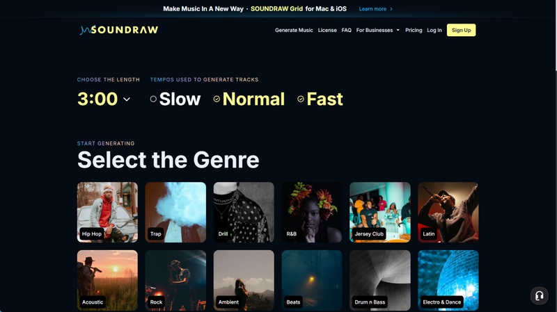 Soundraw Mixer-Grid zur visuellen Anpassung von Instrumenten, Rhythmus und Song-Arrangements