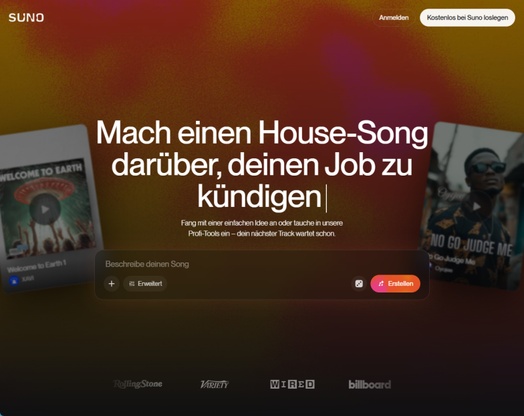 Benutzeroberfläche von Suno AI zur Erstellung von KI-generierten Songs und Musikstücken
