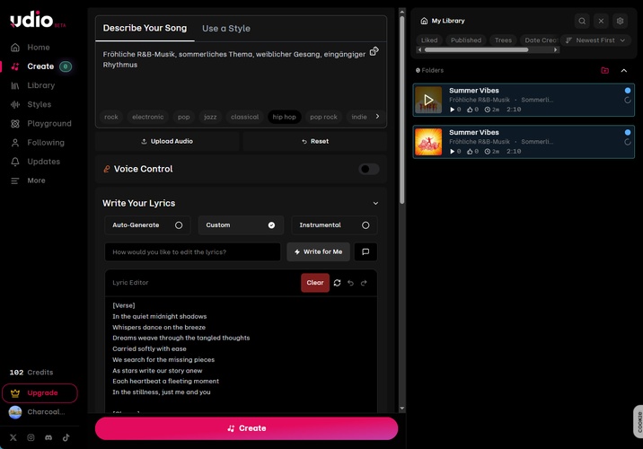 Dashboard von Udio mit Einstellungen für KI-Gesang, Stil-Vorlagen und Musikbearbeitung