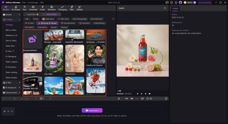 Edimakor Werbevideo mit den Vorlagen Kreative Werbung, Produkt-Charakter und Produktpräsentation