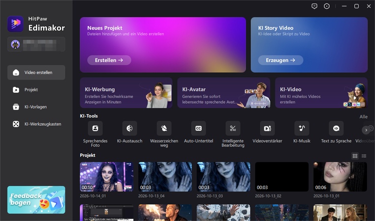 Edimakor Startseite mit neuem Projekt und Diashow-Vorlagen