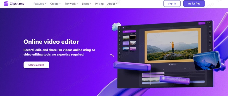 Clipchamp Videoeditor mit Fotos und Audiospur auf der Timeline für eine kostenlose Diashow unter Windows