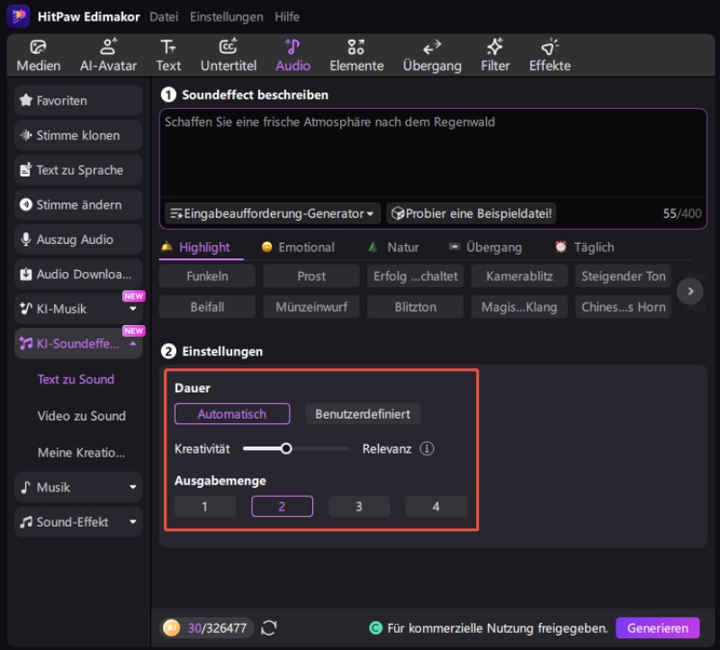 KI-Soundeffekteinstellungen anpassen