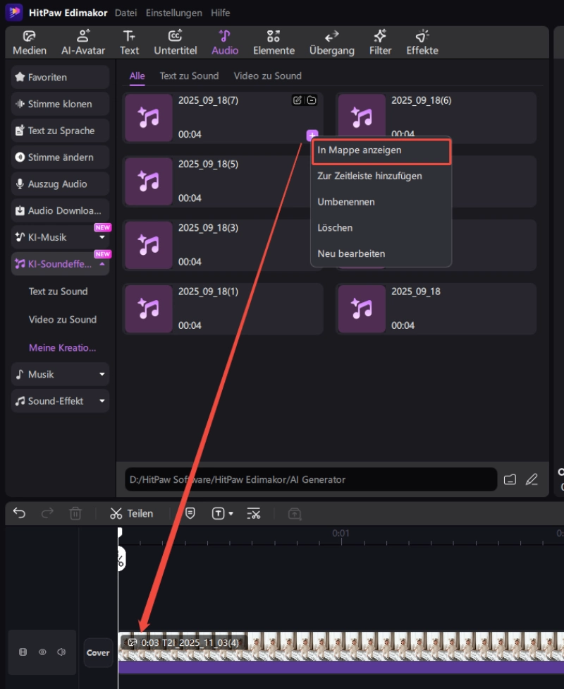 KI-Soundeffekt zur Timeline hinzufügen