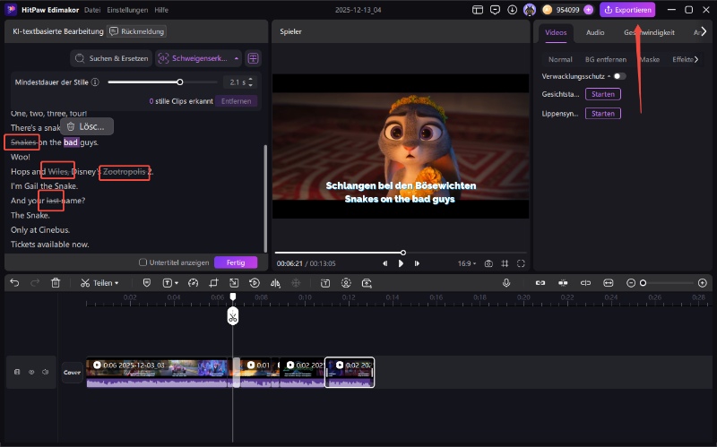 Video nach dem Entfernen von Pausen exportieren