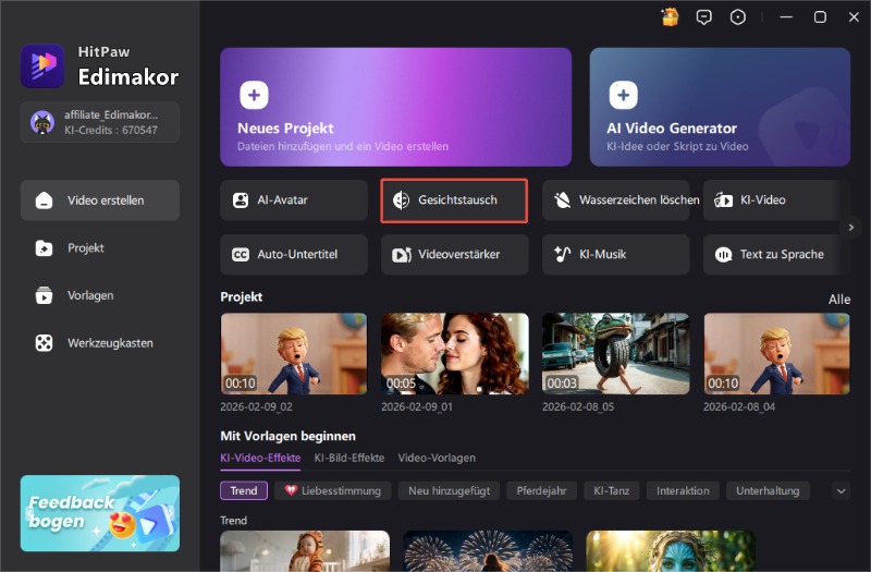KI Face Swap Oberfläche in Edimakor