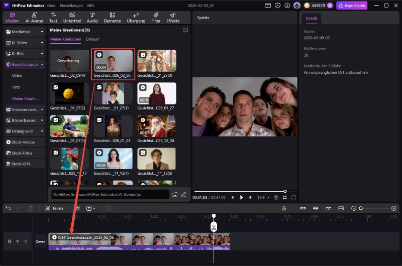 Meine Kreationen – gespeicherte Face Swap Projekte