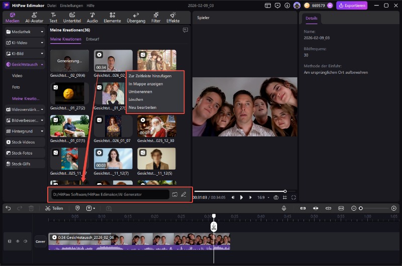 Face Swap Projekt speichern und weiter bearbeiten
