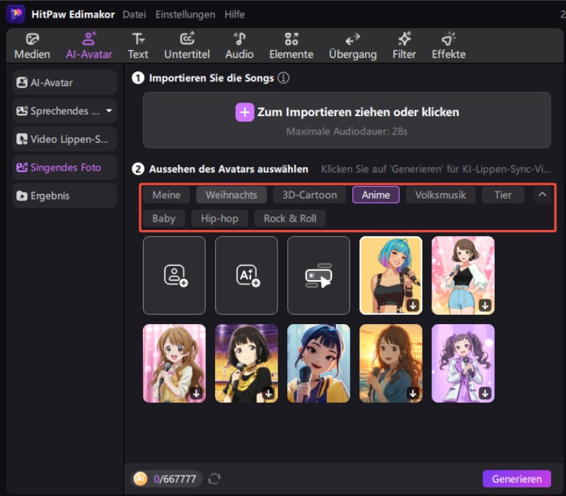 KI-Porträt-Avatar für Singing Photo auswählen