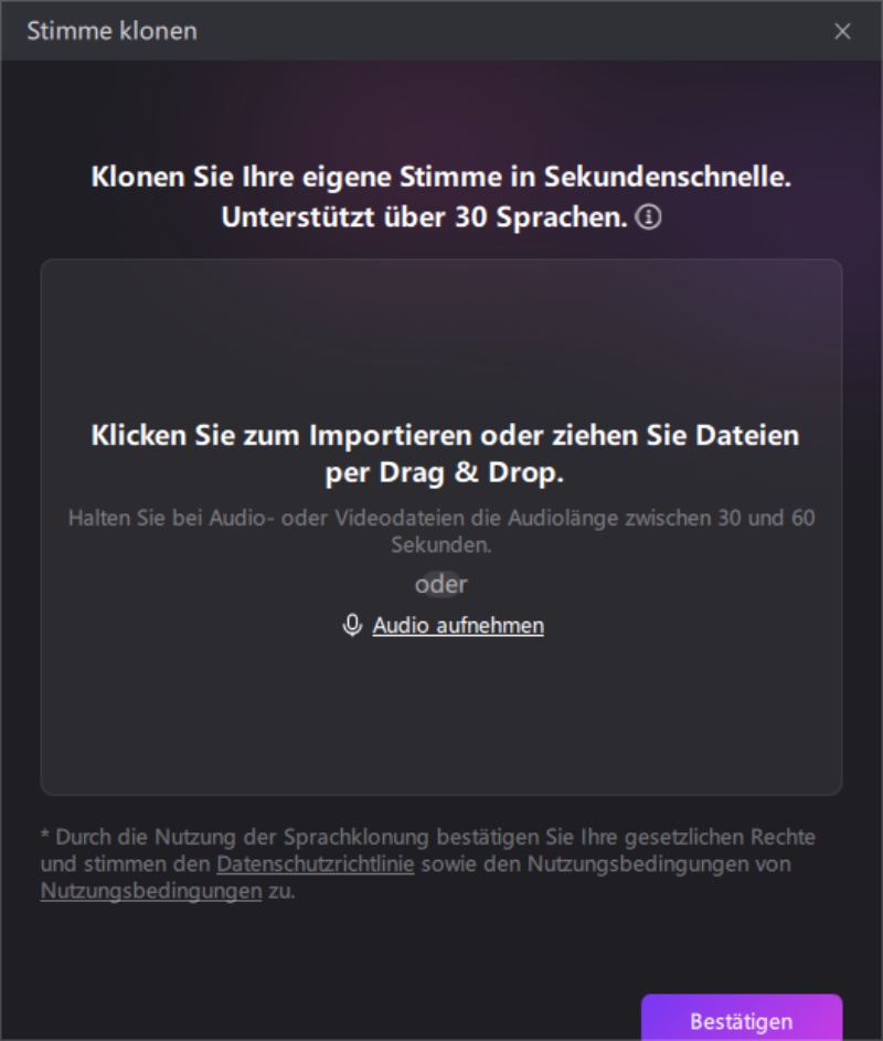 Edimakor Voice Clone – Audio oder Video für Stimmenklon hochladen