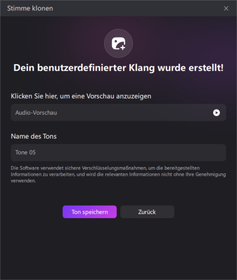 Edimakor Voice Clone – Vorschau und Speichern der geklonten Stimme