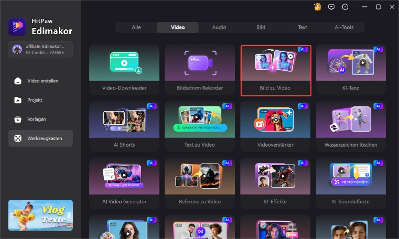 Edimakor KI Bild-zu-Video Werkzeug – Startoberfläche