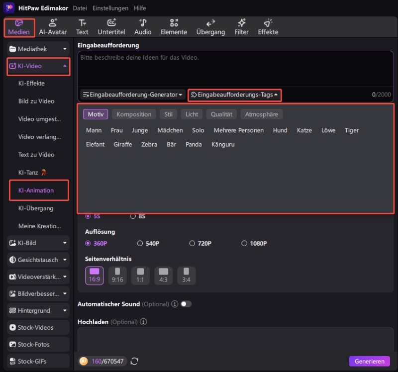 Textprompt für KI Animation eingeben