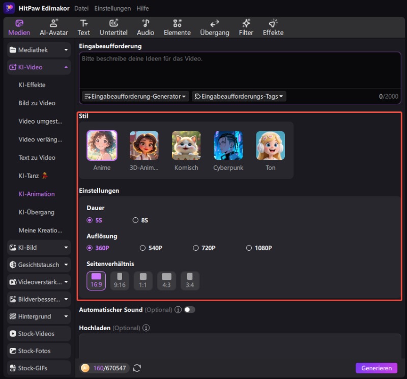 Animationsstil auswählen