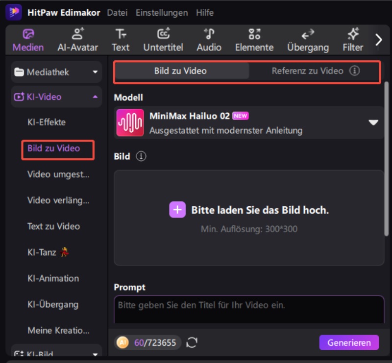 KI-Video-Modus auswählen – Bild zu Video oder Referenz zu Video