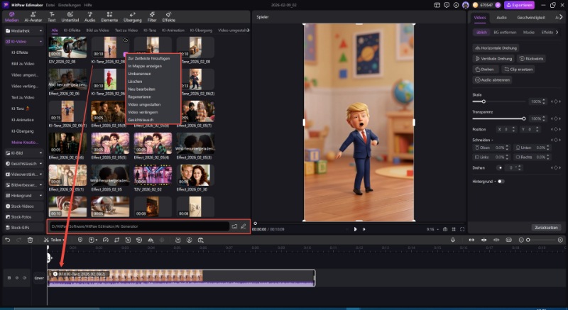 Vorschau der KI-Animation und Exporteinstellungen