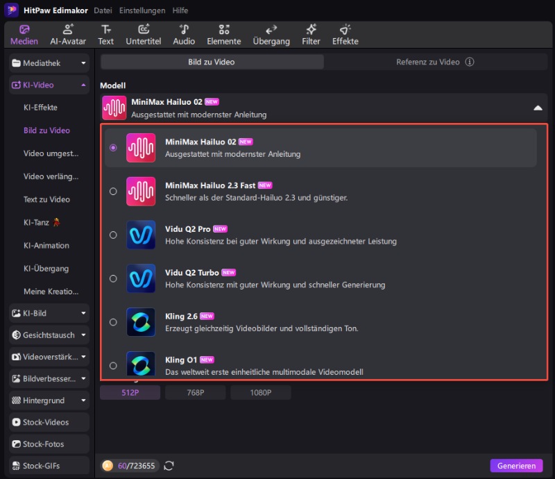 Bild zu Video KI-Modelle in Edimakor auswählen