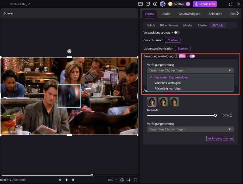 Tracking-Box auf Objekt setzen und Motion Tracking starten